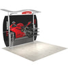 Angled left view of the 10ft Timberline Heavy Duty trade show booth featuring the curved canopy, tension-fabric backdrop, and curved wing panel design