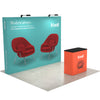 Front-right angled view of 10ft Perfect Pop Straight Display featuring a smooth tension-fabric backwall and coordinating podium placed slightly forward on light flooring.