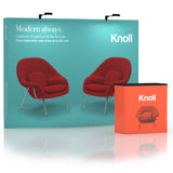 Front view of 10ft Perfect Pop Straight Display showing a smooth tension-fabric back wall and podium positioned on clean light-tone flooring.