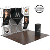 Angled view of the 10ft 3D Snap-Up – Kit B trade show display including a snap-up frame with fabric graphics, cylindrical podium, and reversible light and dark oak trade show flooring