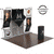 Angled view of the 10ft 3D Snap-Up – Kit B trade show display including a snap-up frame with fabric graphics, cylindrical podium, and reversible light and dark oak trade show flooring