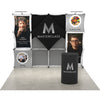 Straight-on view of the 10ft 3D Snap-Up – Kit B modular pop-up display with a snap-up aluminum frame, seamless fabric graphics across the front and sides, LED Lights, and custom cylindrical podium.