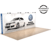 Angled view of 20ft Perfect Pop Straight Display on light and dark oak wood-tone foam tile flooring for a warm, neutral trade-show aesthetic.