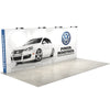 Angled left-side view of 20ft Perfect Pop Straight Display highlighting the wide straight frame and tension fabric surface on neutral flooring.