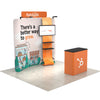Rush 8ft QuickZip Max Curved portable fabric display featuring curved wall, shelves, monitor tower, and counter, designed for quick turnaround.