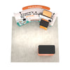 Overhead view of Rush 8ft QuickZip Max Curved trade show display with curved fabric backdrop, shelving tower, and counter, rush production option.
