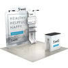 Portable 8ft QuickZip Max Straight fabric display featuring straight graphic wall, shelving tower, and counter.