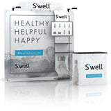 8ft QuickZip Max Straight trade show display with tension fabric backdrop, monitor tower, shelves, and counter.