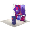 Angled right view of the 8ft 3D Snap-Up Display Kit B showcasing interlocked aluminum framing, vibrant fabric graphics, and the coordinating podium positioned in front.