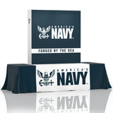 5ft Perfect Pop Table Top Display shown on a draped table with seamless fabric backdrop, compact frame, and lightweight setup ideal for small exhibit spaces.