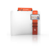 QuickZip Waterfall Media Kit Add-On with optional header, two shelves, and mounted TV monitor stand, shown without backdrop.