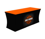 6ft Ultra-Fit Table Throw shown on wood flooring with sleek, contoured fit hugging the table shape, featuring smooth tension fabric and tailored corners.